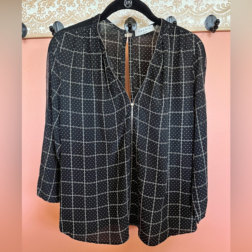 Sandro Black and White Grid Dot Blouse